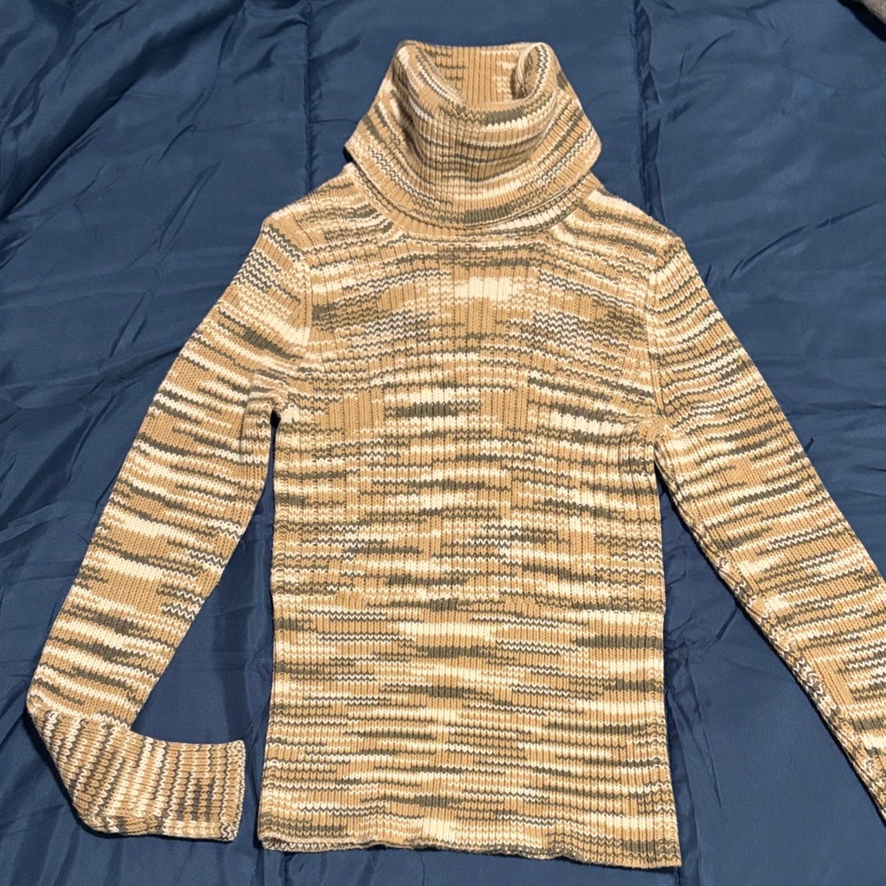 GAP Moss, Tan and Cream Striped Turtleneck Sweater